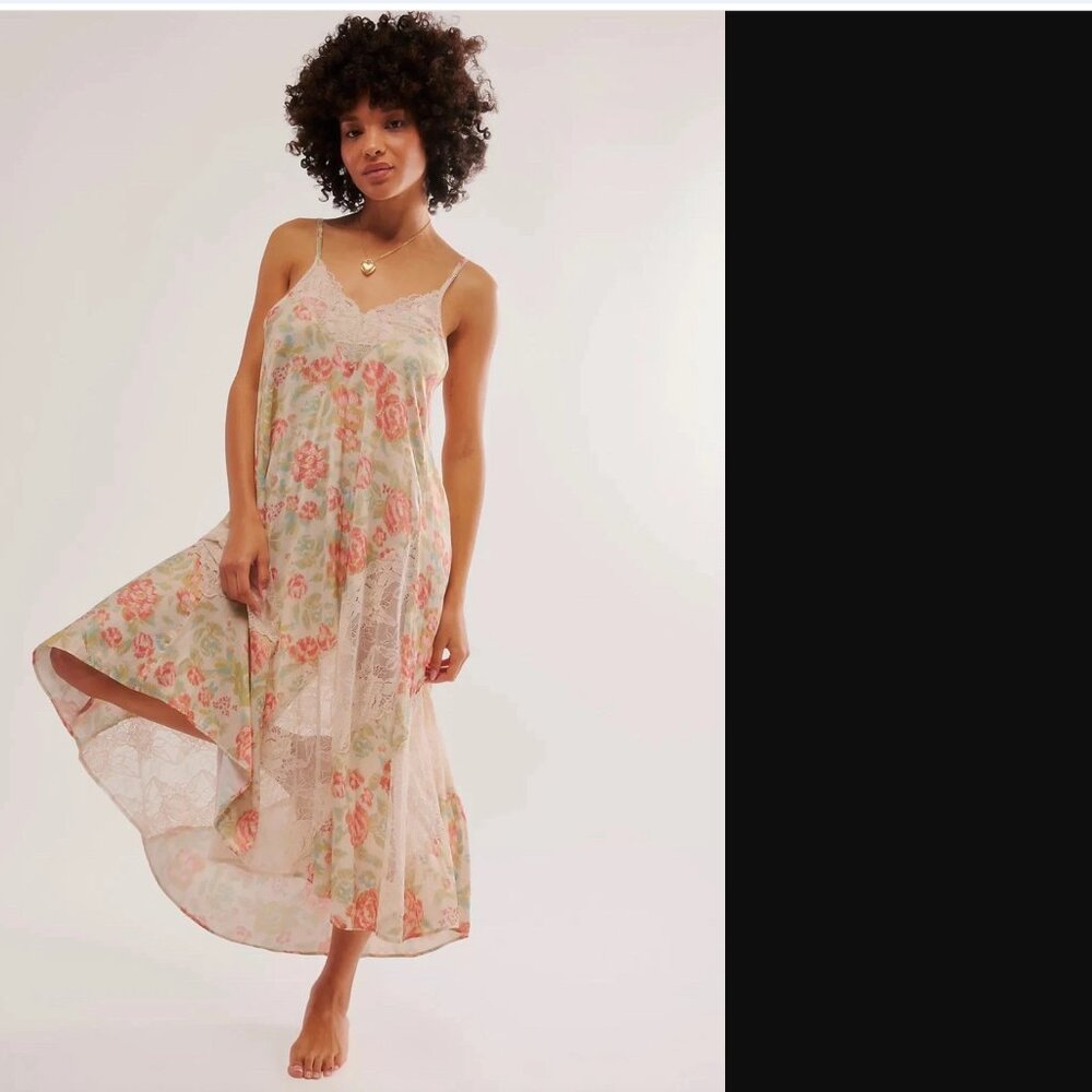 Free People Cream Floral Lace Maxi Dress with Pink and Green Accents